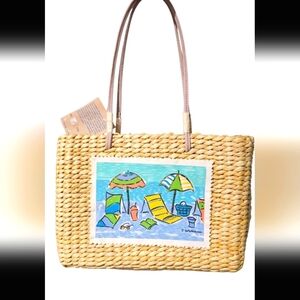 SUN N SAND Anne Ormsby Woven Hand Bag With Beach Scene. NWT
